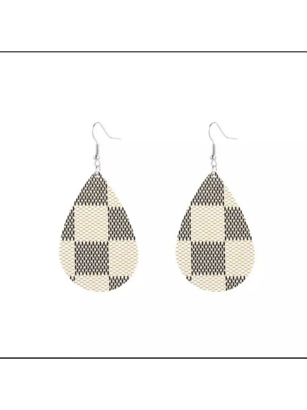 Cream Gray Plaid Leather Earrings